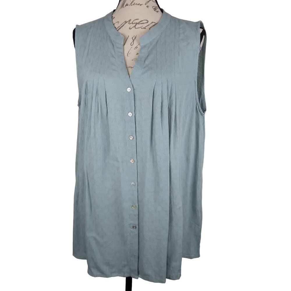 Kori | NWT Sleeveless Button Front Pintuck Blouse Top Green | Size L